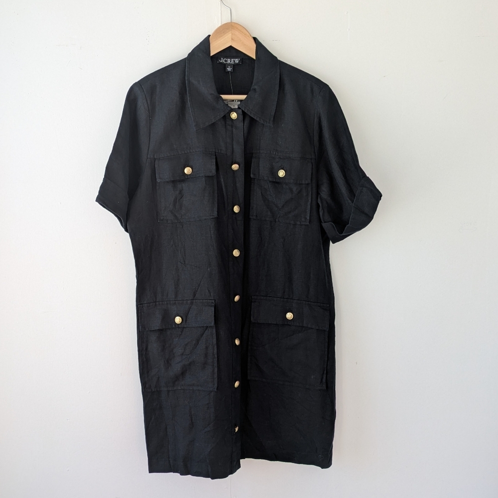 J Crew Gamine Utility Shirt Dress Linen Black NWT Size 12